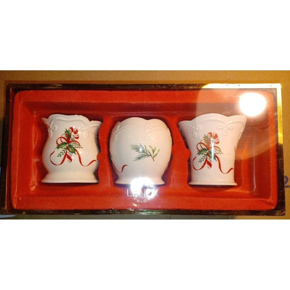 Lenox Holiday Candy Cane Votive Candle Holder Set 3 Ivory‎ Gold Trim Fine China